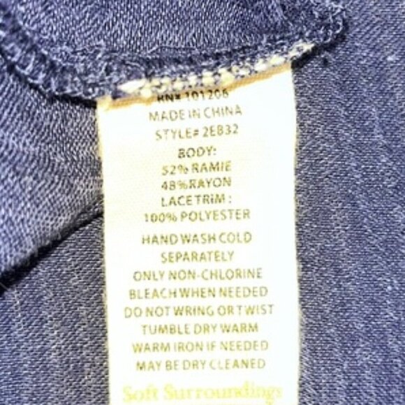 Soft Surroundings Navy Boho Split Neck Top 3/4 Sleeve Crochet Lace Detail - Picture 10 of 10